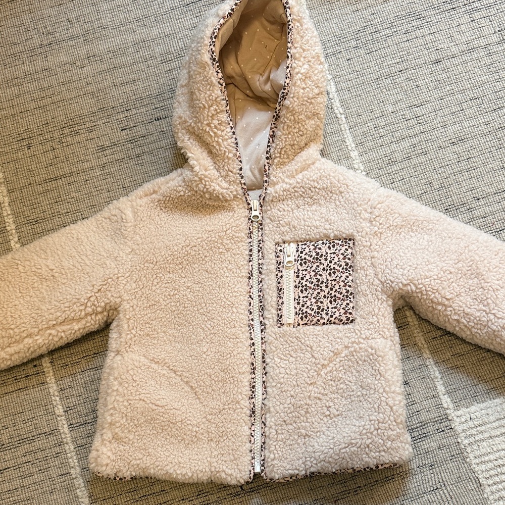 Zara Cream Fleece Kids Jacket with Floral Trim | Like New